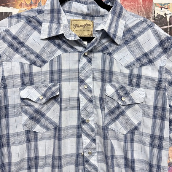 Wrangler Western Shirts Mens Plaid Short Sleeve‎ Pearl Snap Button Shirt Blue - Picture 3 of 6